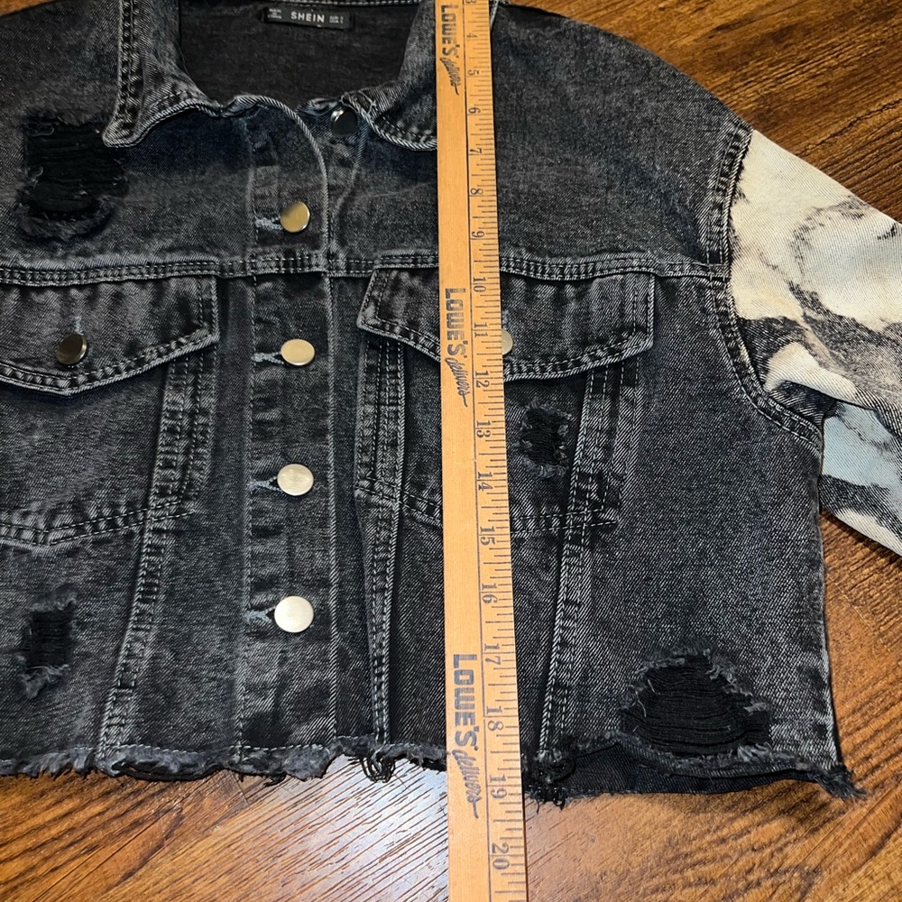 Black Distressed Punk Gray Acid Wash Sleeves Crop Moto Button Up Jacket Size S - Picture 9 of 12